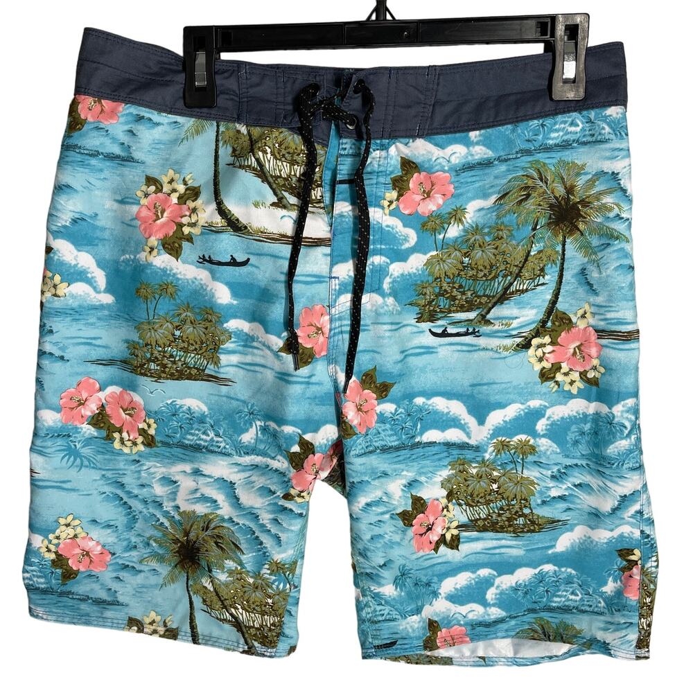 Burnside Swim Trunk Board Shorts Men Size 32 Hawaiian Blue Floral Beach Summer